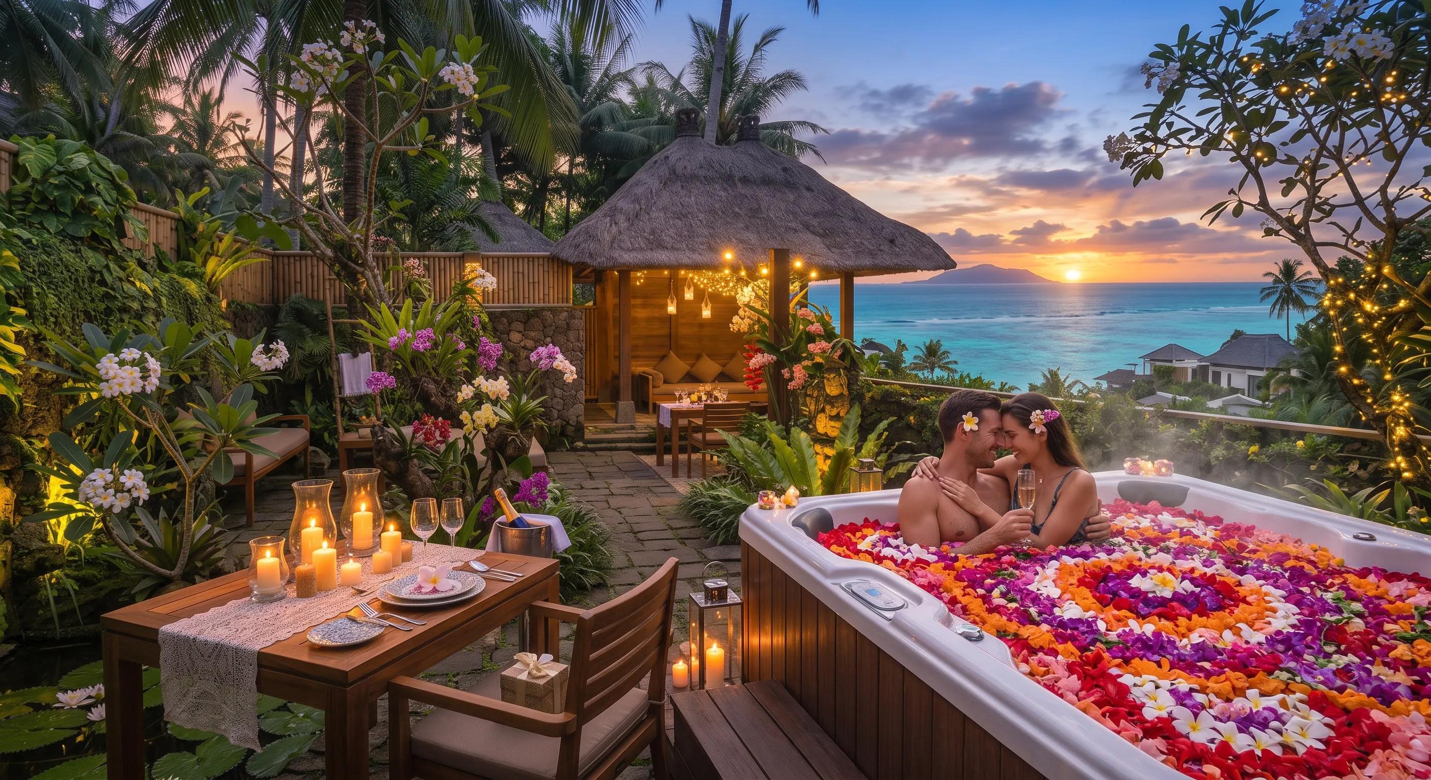 Couple Enjoying Romantic Jacuzzi at Bali Honeymoon Villa with Flower Petals