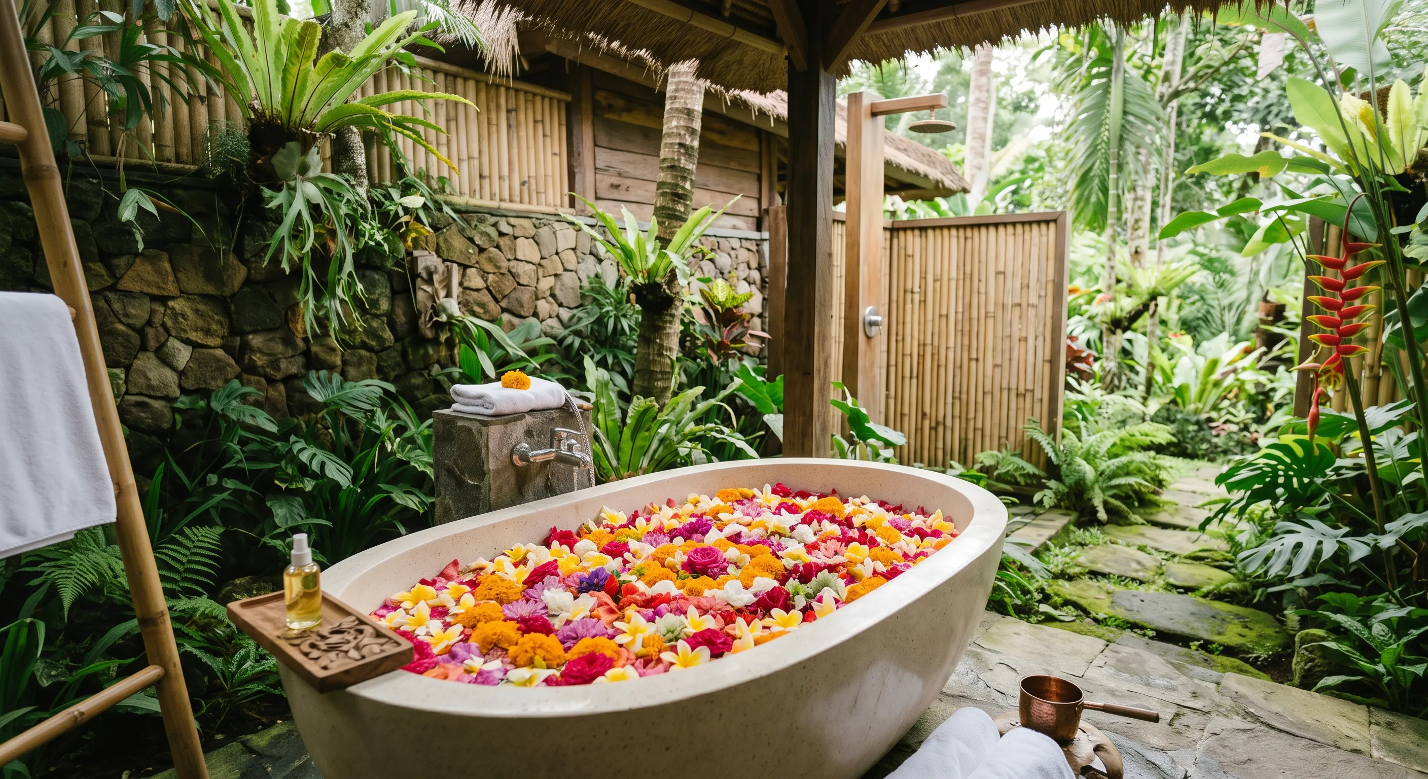Bali Honeymoon Villa with Outdoor Bathroom and Freestanding Bathtub Overlooking Jungle