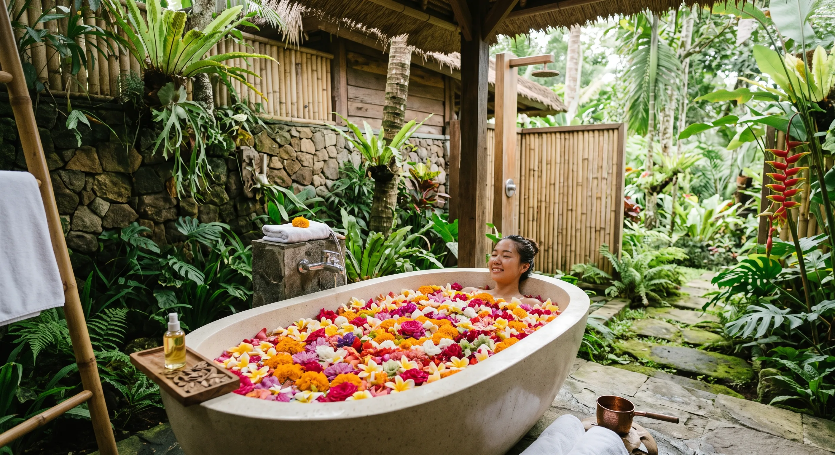 Couple Enjoying Flower Bath in Bali Honeymoon Villa Outdoor Bathroom