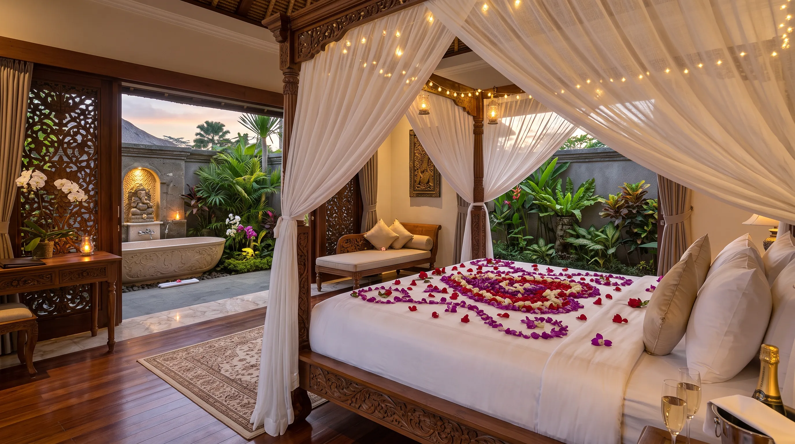 Romantic Honeymoon Villa Bedroom in Bali with Flower Petals