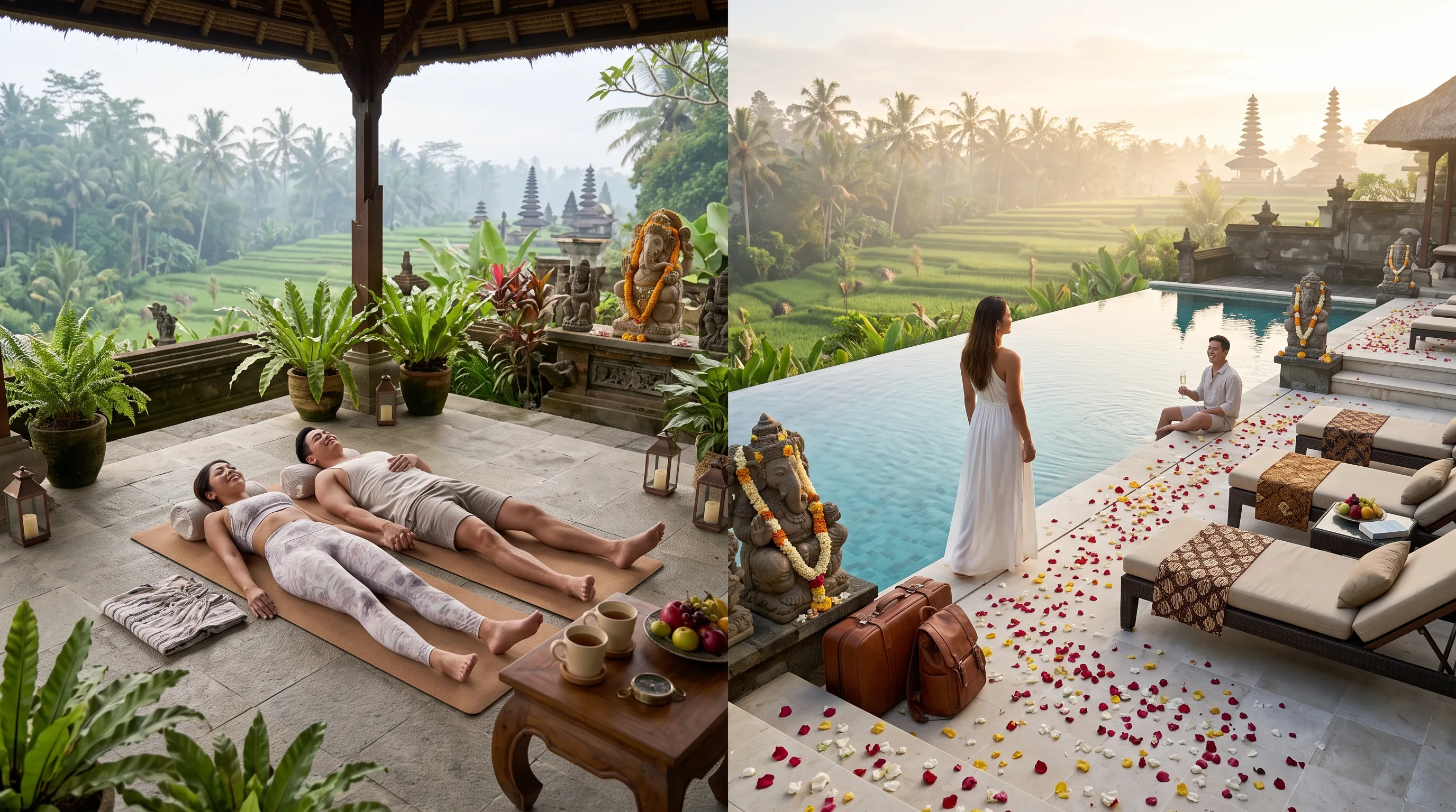 Bali Honeymoon Yoga Retreat with Couple Practicing in Jungle Pavilion